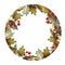 Circle christmas frame for card or invitation with poinsettia, lollipop, candy, berry, leaves, branches.