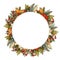 Circle christmas frame for card or invitation with poinsettia, lollipop, candy, gingerbread, berry, leaves, branches.