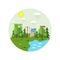 Circle cityscape with a lot of sky scrapers in summer in the park area. Vector illustration in modern flat style. Buildings and