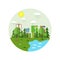 Circle cityscape with a lot of sky scrapers in summer in the park area. Vector illustration in modern flat style. Buildings and