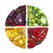 Circle of colorful fruits and vegetables