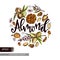 Circle filled Almond kernels of nuts and a branch of almonds with nuts, fruits, flowersand lettering Almond