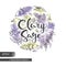 Circle filled Clary sage twigs with leaves and flowers and lettering clary sage . Detailed hand-drawn sketches, vector botanical