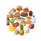 Circle of food stuff isolated on white background. Cartoon vector illustration