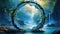 Circle frame made of water. World ocean day. Green plants. Fantasy scenery, Abstract image