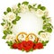 Circle frame with white and red rose and golden we