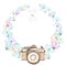 Circle frame, wreath with watercolor tender butterflies and camera