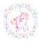 Circle frame, wreath with watercolor tender butterflies and pink unicorn