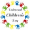 Circle of handprints with a inscription inside Universal Children`s Day. Icon of colored prints of kid`s hands on the Happy Childr