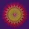 Circle openwork mandala. Purple, yellow, red colors. Sign Aum / Om / Ohm in center.