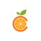 Circle orange fruit logo, with C letter initial symbol outside and a stalk and a leaf.