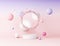 Circle podium and bubbles pink sphere, purple, pearl pink gold with frosted glass backdrop. stand display luxury elegant counter.