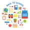 Circle school Bag icon and school supplies poster, flat design