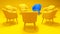 Circle of Seven Chairs. The Blue Chair Stands Out From the Crowd of Yellow Chairs Against on a Yellow Studio Background.