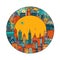 A circle shape frame with center space of Barcelona city skyline in simple doodle color cartoon style. Generative AI