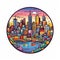 A circle shape frame with center space of Melbourne city skyline in simple doodle color cartoon style. Generative AI