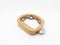 A circle shape wooden tambourine musical percussion instrument rattle rhythm with single hands in white isolated background 05