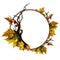 Circle shaped frame surrounded by dry twigs and autumn dry maple leaves
