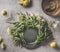 Circle shapes elder flowers on grey concrete kitchen table with ingredients  for homemade elder flower syrup: sugar, lemon and