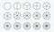 Circles divided into parts from 1 to 15. Outline round chart for infographic, pie portion or pizza slice. Wheel division