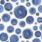 Circles watercolor seamless pattern. Abstract blue navy indigo white colors watercolour background