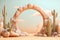 Circular archway stone entrance with cactus desert flowers, mountain ranges, sky, clouds, dust and sand. Generative Ai.