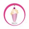 Circular emblem with milk shake drink in glass cup with cherry