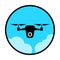 Circular, flat drone icon. Black on light blue. In the clouds