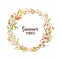 Circular frame, garland, wreath or border made of colorful blooming seasonal flowers, berries and leaves and Summer