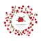 Circular label or tag template with cranberries hand drawn on white background. Design element decorated by red forest