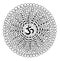 Circular mandala with Aum / Om / Ohm in center. Graphic drawing - leaf mandala - spiritual and ecology symbol.