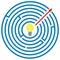 Circular maze with arrow which indicates the shortest path through the labyrinth from center to exit. Simple way solution problem.