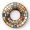 A circular mirror with a blue, brown, and white design. Generative AI image.