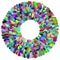 Circular mosaic element. Multicolor circle with scattered, random overlapping rectangles.