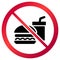 Circular, `No food allowed` sign. Red gradient sign, black drink and burger silhouette