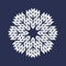 Circular pattern in Asian intersecting lines style. White eight pointed mandala in snowflake form on blue background