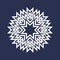 Circular pattern in Asian intersecting lines style. White eight pointed mandala in snowflake form on blue background