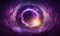 a circular picture with a purple sky and clouds around it and a purple and purple ring in the middle of the picture, with a