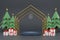 A circular podium near a ring with stars, photo frame, Christmas tree and gift box