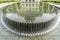 Circular pool and fountain reflecting the historic Utah State Capital Building