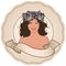 Circular retro label with pretty girl decorated with flowers and empty text banner. Vintage style