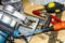 circular saw, drill bits, screwdriver, tape measure, pliers, ruler - square, clamp, chisel, self-tapping screws