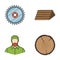 Circular saw, a working carpenter, a stack of logs. A sawmill and timber set collection icons in cartoon style vector