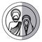 Circular sticker with silhouette half body virgin mary and saint joseph