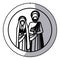 Circular sticker with silhouette virgin mary and saint joseph praying