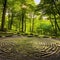 a circular stone labyrinth in a forest