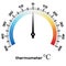 Circular thermometer with digital and analog color bar, vector measuring temperature in degrees Celsius