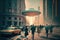 Circular UFOs unleashing chaos in the city with many people running. vintage style. Ai generative