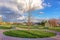 Circular walkway with empty benches in green field