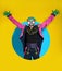 Circus actor in zombie suit posing on bright color